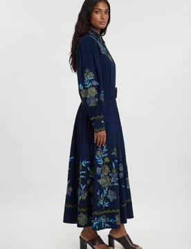 Petite Rose Embroidered Cotton Twill Woven Shirt Dress With Eyelets - Navy - Size: 10 - Karen millen - FashionsVida