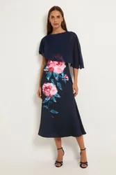 Womens Floral Cape Detail Midi Dress - Navy - Size 14 Uk