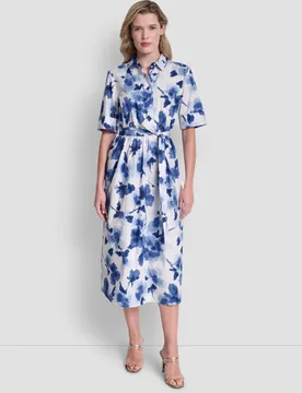 Vestido midi camisero con estampado floral - DKNY - FashionsVida