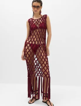Macrame Sheer Maxi Beach Dress Dark Red female - M&S - FashionsVida