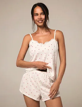 Conjunto de pijama para mujer, de tela de canalé, con estampado de corazones en patchwork y adorno de encaje, romántico, dulce, lindo y sexy, con ca - Shein - FashionsVida