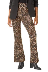 Womens Animal Print Flare Stretch Trouser - Beige - Size 14 Uk