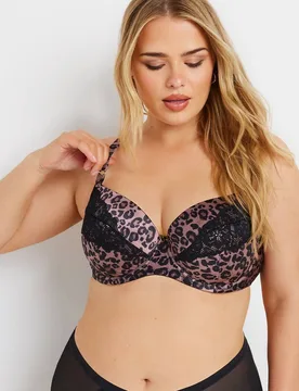 Women's Leopard Print Satin T-Shirt Bra in Pink Size: 44E - Pink - Size: 44E - Yours - FashionsVida