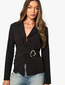 Womens Hardware Trim Ruched Front Blazer - Black - Size 10 Uk - Boohoo - FashionsVida