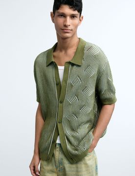 Pull polo en maille, , Coton, Vert, S