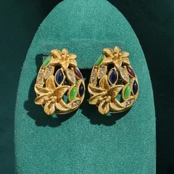 Vintage Colored Glass Trumpet Earrings For Woman Antique Gold Color Trendy Art Deco Jewelry Luxury Brand High Quality Gift New