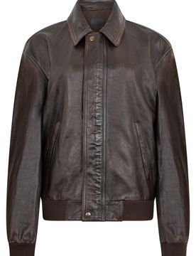 Men's Leather Jacket with Front Zip and Classic Collar