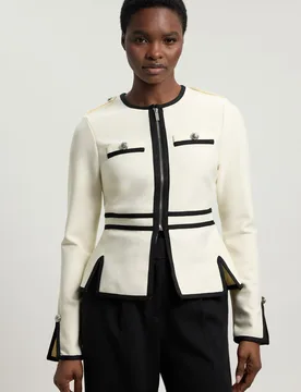 Womens Petite Figure Form Bandage Military Contrast Piping Knit Split Hem Jacket - Cream - Size 12 Uk - Karen millen - FashionsVida