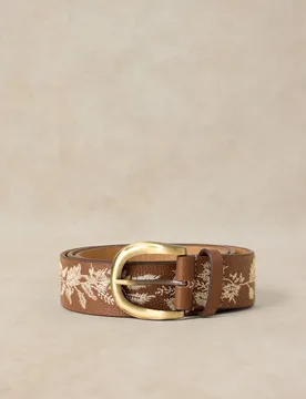 Grained Leather Floral Embroidery Belt Natural Mix female - White stuff - FashionsVida