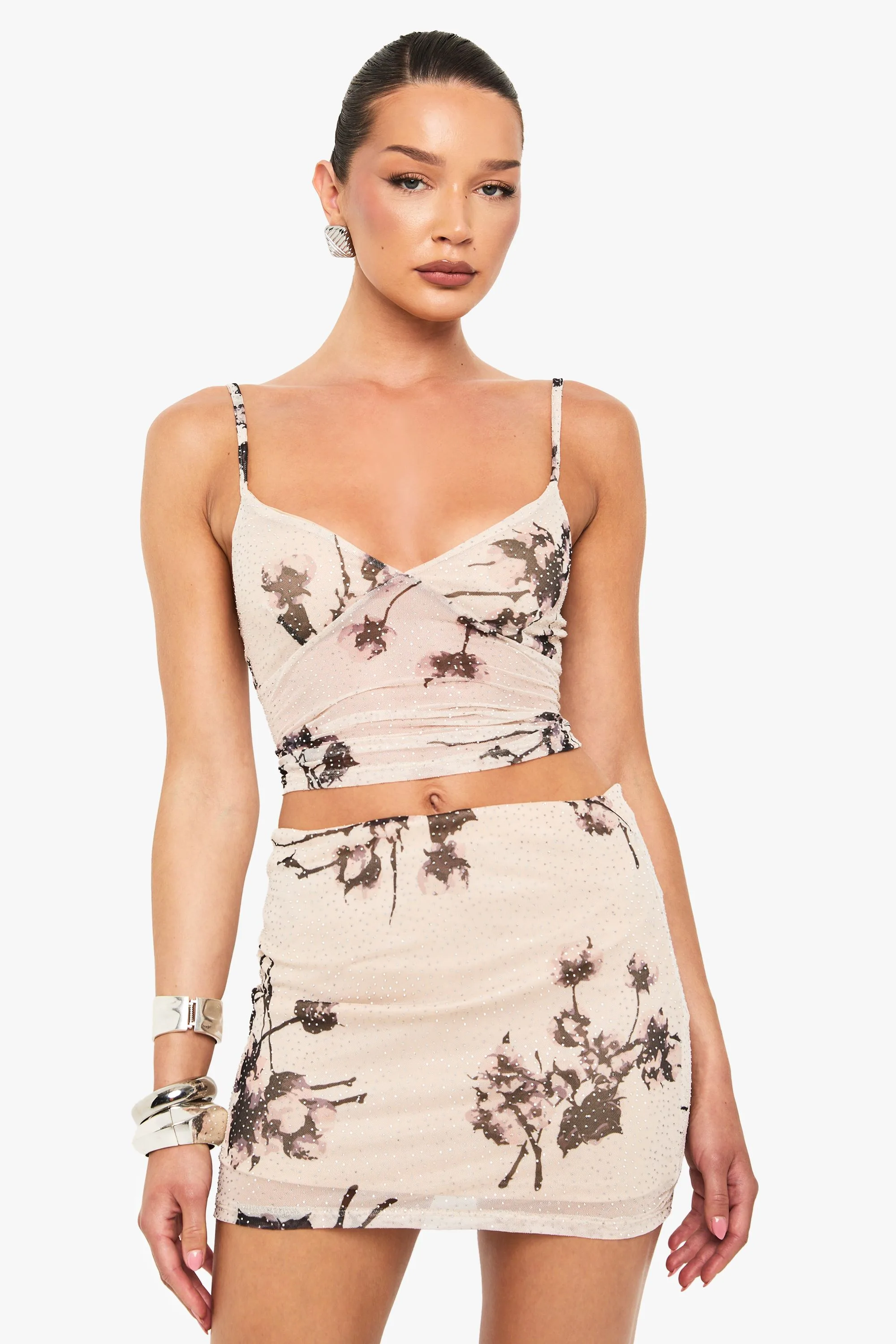 Womens Hot Fix Printed Mesh Lined Flippy A-Line Mini Skirt - Nude - Size 6 Uk - Boohoo - FashionsVida