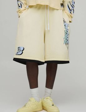 Herren Übergroße Gewaschene Jersey-Shorts Mit Graffiti-Grafik Yellow Größe Medium