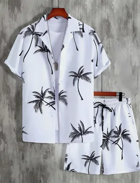 Camisa con estampado aleatorio de palmeras & pantalones cortos con cintura con cordón para hombre, sin camiseta, atuendos cómodos, vacaciones - Shein - FashionsVida