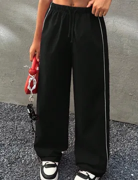 Pantalones negros para niñas preadolescentes, ropa de vuelta al colegio, ropa a juego madre-hija, pantalones anchos de pana azul marino con estampado - Shein - FashionsVida