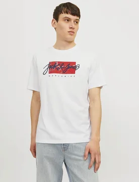 T-shirt bianca regular-fit in puro cotone con stampa box logo stile graffiti rossa e blu - Jack & jones - FashionsVida