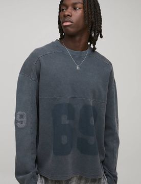 Herren Oversized Boxy Gewaschenes Waffel Applikation Varsity Langarm T-Shirt Charcoal Größe Small