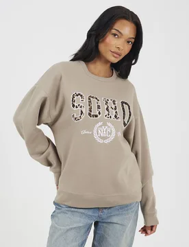 Women's Slogan Crew Neck Sweatshirt in Taupe Size: XL - Taupe - Size: XL - Brave soul - FashionsVida