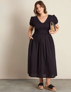 Pure Cotton Smocked Waist Midaxi Dress Black female - Live Unlimited London - FashionsVida