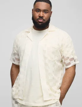 Men's Plus Check Open Stitch Oversized Revere Shirt Stone Size 2X-Large Stone XXL - boohooMAN - FashionsVida