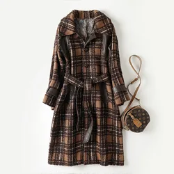 Spring Women Plaid Trench Coat Wool Slim Fit Long Sleeve Plus Size Elegant Long Coat