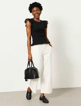 Pure Cotton Broderie Sleeve Shirred Top Black female - Fatface - FashionsVida
