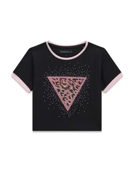 T-shirt corta nera in misto cotone con stampa logo e strass - Guess - FashionsVida