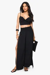 Womens Knot Front Top And Wide Leg Trouser - Black - Size Small/medium