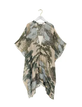 Kimono lungo beige in modal e cupro con stampa paesaggio verde - One Hundred Stars - FashionsVida