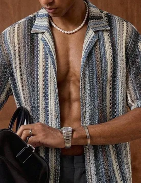 Camisa casual de vacaciones para hombre, de punto holgado, con hombros caídos, cuello de solapa y manga corta, adecuada para verano, uso diario, play - Shein - FashionsVida