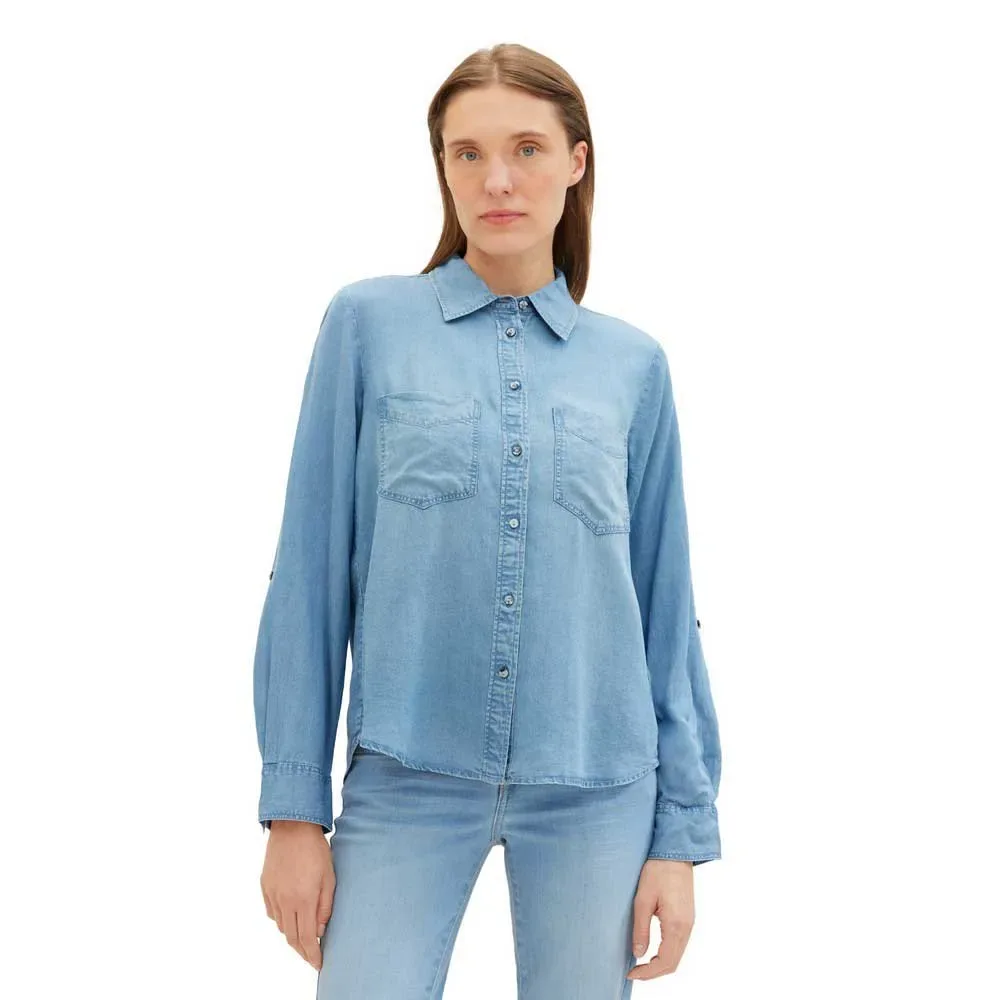 Blusa A Maniche Lunghe 101221 Denim Look Clean Mid Stone Blue Denim 42 - Tom tailor - FashionsVida