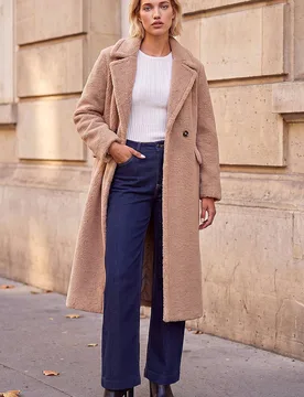 Women's Borg Single Breasted Coat in Stone Size: 14 - Stone - Size: 14 - Roman - FashionsVida