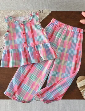 Set de 2 piezas: Top de manga corta con estilo de mezclilla y pantalones azul marino para niñas, conjunto casual - Shein - FashionsVida