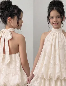 Vestido corto para niña preadolescente, estilo dulce de hada, elegante, vintage y lindo, con cuello halter, espalda descubierta, encaje calado color - Shein - FashionsVida