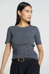 Women's Ribbed Round Neck T-Shirt in Grey Size: XS - Grey - Size: XS