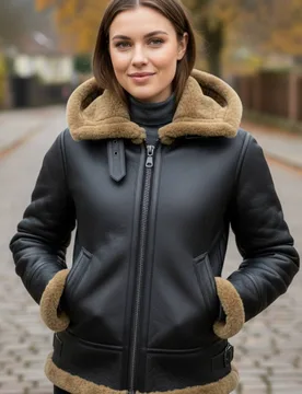 Women's Hooded Sheepskin Flying Bomber Leather Jacket - Sovereign in Light Brown Size: 12 - Light Brown - Size: 12 - Infinity Leather - FashionsVida