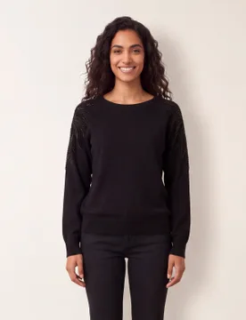 Embellished Sleeve Jumper - M / BLACK - female - Blue Vanilla - FashionsVida