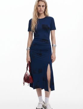 Vestido asimétrico postales, Mujer, Poliester, Azul, XS