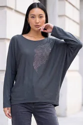 Women's Hotfix Feather Stretch Knit Top in Grey Size: Small - Grey - Size: S