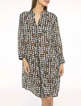 Abito corto chemisier copricostume con stampa grafica nera in voile semitrasparente con collo alla coreana - Red Point - FashionsVida