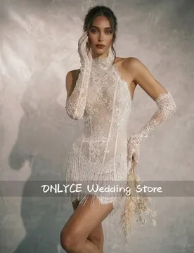 Customized Halter Neck Long Lace Gloves Prom Dress Sheath Mini vestidos de noche Sheer Lace Panels Evening Dresses 2026 - Aliexpress - FashionsVida
