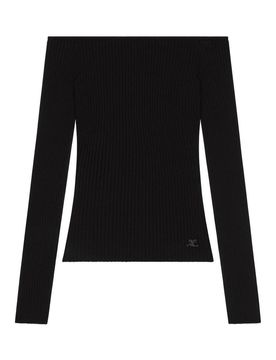 Top con scollo Bardot e logo