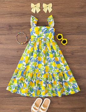 Vestido largo con mangas con volantes y estampado de limón para niña, vestido de verano a juego para mamá e hija o hermanas, estilo de vacaciones f