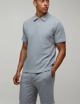Men's Slim Fit Waffle Zip Neck Polo & Shorts Set Charcoal Size X-Small Charcoal XS - boohooMAN - FashionsVida