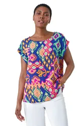 Womens Aztec Print Short Sleeve Top - Blue - Size 16 Uk