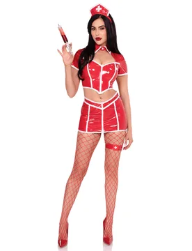 Krankenschwester Kostüm Damen rot sexy Vinyl - female - LEG-AVENUE - FashionsVida