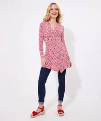 Asymmetric Hem Floral Print Jersey Tunic - Red - Size: 16