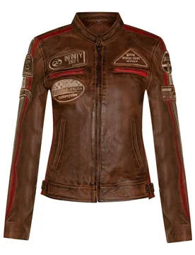 Women's Biker Racing Badges Leather Jacket-Eastleigh in Tan Size: 10 - Tan - Size: 10 - Infinity Leather - FashionsVida