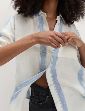 Pure Linen Striped Shirt Blue Mix female - M&S - FashionsVida