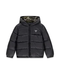 Piumino trapuntato nero lucido con cappuccio e patch logo