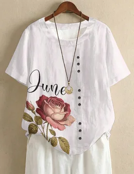 XIXIRIMIDO Summer Women's Linen Sleeve O-Neck Short Sleeve Button Shirt Birthday Flower Prints June Rose Oversized T Shirt - Aliexpress - FashionsVida