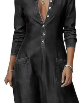 Lightweight Denim Dress,Comfortable Long Sleeve Lapel V Neck A-line Dress, Casual Long Jean Dress with Pockets - Aliexpress - FashionsVida